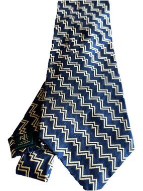 Lauren RALPH LAUREN Men’s Silk Tie  Navy Blue/Gold Uneven Stripe Design Made USA